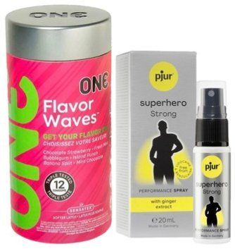 Набор из 12 шт ONE Flavor Waves + Пролонгатор pjur Superhero Strong Spray 20 ml SOS9322 фото