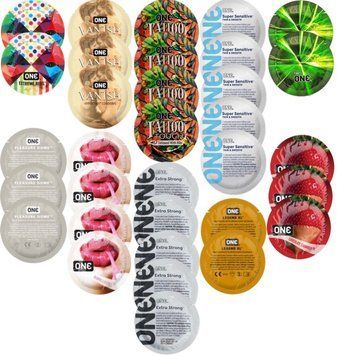 Набор с 33 шт ONE Extreme Ribs + ONE Vanish + ONE Tattoo + ONE Sensitive + ONE Glowing +  ONE Pleasure Dome + ONE Bubblegum + ONE Extra Strong + ONE Legend XL + ONE Chocolate Strawberry SOS8336 фото