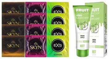 Комплект: Лубрикант OLO со вкусом яблока (120 мл) + 8 шт. SKYN + 4 шт. EXS Glow in the Dark SOS10706 фото
