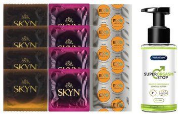 Комплект: Пролонгатор Super Orgasm Stop Гель (150 мл) + 8 шт. SKYN + 4 шт. EXS Delay SOS10806 фото