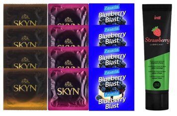 Набір:  Лубрикант Intt Strawberry (100 мл) + 4 шт SKYN passion daiquiri + 4 шт SKYN CHERRY SUNRISE + 4 шт Pasante Blueberry Blast SOS10378 фото