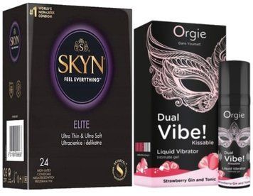 Набор из SKYN Elite (24 шт) + Жидкий вибратор Orgie Dual Vibe! Strawberry Gin & Tonic Kissable Liquid Vibrator (15 мл) SOS10128 фото