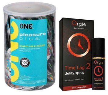 Набор из ONE Pleasure Plus, 100 шт + Пролонгатор Orgie Time Lag 2 Delay Spray, 10 мл SOS9127 фото