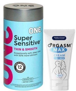 Набор из ONE Super Sensitive Pack 12 шт + Пролонгатор Medica-Group Orgasm Max for Men - krem ​​50 ml SOS9423 фото