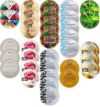 Набор с 33 шт ONE Extreme Ribs + ONE Vanish + ONE Tattoo + ONE Sensitive + ONE Glowing +  ONE Pleasure Dome + ONE Bubblegum + ONE Extra Strong + ONE Legend XL + ONE Banana Split  SOS8337 фото
