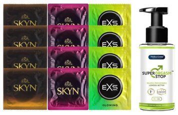 Комплект: Пролонгатор Super Orgasm Stop Гель (150 мл) + 8 шт. SKYN + 4 шт. EXS Glow in the Dark SOS10807 фото
