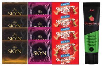Набір:  Лубрикант Intt Strawberry (100 мл) + 4 шт SKYN passion daiquiri + 4 шт SKYN CHERRY SUNRISE + 4 шт Pasante Strawberry Crush SOS10379 фото