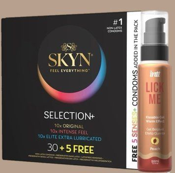 Комплект Skyn Selection 30 шт + 5 of 5 Senses , 35 шт + Гель  INTT Lick Me Kissable Gel Peach 50 мл SOS5533 фото