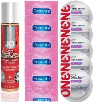 Набор 10 шт Pasante extra sensitive и ONE Tattoo Touch + System JO H2O - Watermelon (30 мл) SOS4893 фото