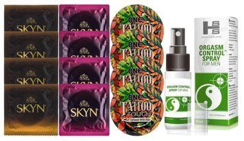 Комплект: Пролонгатор SHS Orgasm Control Spray 15 мл + 8 шт. SKYN + 4 шт. ONE Tattoo Touch SOS10902 фото
