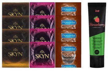 Набір: Лубрикант Intt Strawberry (100 мл) + 8 шт Skyn + 4 шт Pasante Chocolate Temptation SOS10380 фото