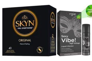 SKYN ORIGINAL 40 шт + SEXY VIBE найвищий рівень вібраціі, 15 мл ORGIE SOS7083 фото