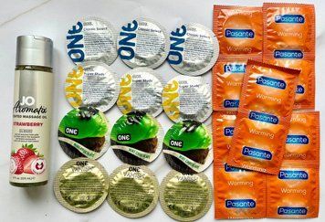 Набір 22 шт ONE Classic, Vanish, Flavor Waves , Super Studs - Pasante Warming + System JO Aromatix  Strawberry 120 мл SOS1768 фото