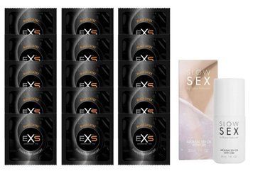 Комплект EXS Black Latex 15 шт + SLOW SEX Arousal Sex Oil CBD (30 мл) SOS14645 фото