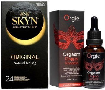 Набір з SKYN ORIGINAL 24 шт + Збуджувальні краплі Orgie Orgasm Drops Kissable (30 мл) SOS9984 фото