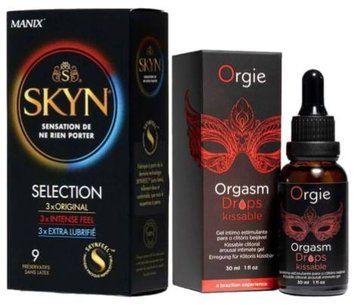 Набор из SKYN Selection (9 шт) + Возбудительные капли для клитора Orgie Orgasm Drops Kissable, 30 мл, тепло-холод, вкус яблока с корицей SOS9684 фото