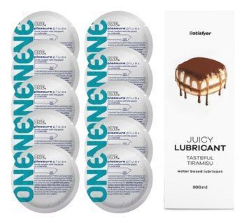 Комплект 𝐎𝐍𝐄 𝐏𝐥𝐮𝐬 10 шт. + Лубрикант Satisfyer Juicy Lubricant Tasteful Tiramisu (300 мл) SOS12332 фото