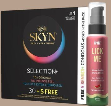 Комплект Skyn Selection 30 шт + 5 of 5 Senses , 35 шт + Гель INTT Lick Me Kissable Gel Watermelon 50 мл SOS5534 фото