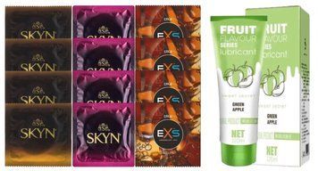 Комплект: Лубрикант OLO со вкусом яблока (120 мл) + 8 шт. SKYN + 4 шт. EXS COLA SOS10709 фото