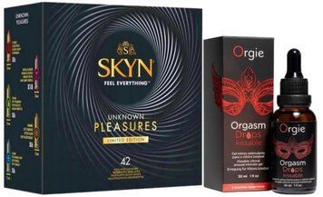 Набір з SKYN Pleasures (42 шт) + краплі з вібрацією Orgie Orgasm Drops Kissable (30 мл)  SOS10035 фото