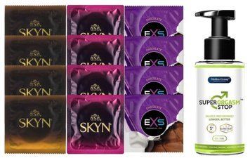 Комплект: Пролонгатор Super Orgasm Stop Гель (150 мл) + 8 шт. SKYN + 4 шт. EXS Chocolate SOS10809 фото