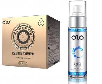 Набір Лубрикант охолоджуючий OLO 60 мл та OLO Physical Delay Sleeve + пролонгуючі 10 шт OL44 фото