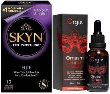 Набор из SKYN Elite (10 шт) + Жидкий вибратор Orgie Orgasm Drops Kissable (30 мл) SOS9735 фото