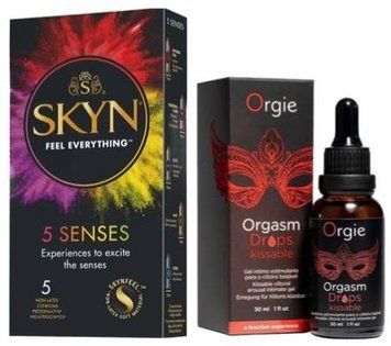 Набор SKYN 5 Senses + Жидкий вибратор Orgie Orgasm Drops Kissable, 30 мл, тепло-холод, вкус яблока с корицей SOS9625 фото