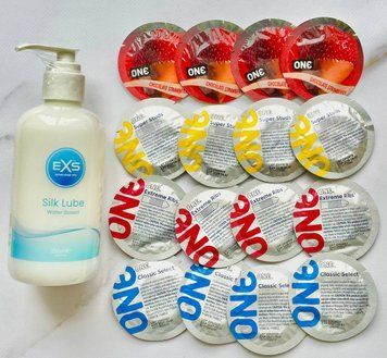 Набор 16 шт ONE Flavor Waves, Classic, Super Studs, Extreme ribs + Лубрикант EXS Aloe vera silk lube 250 мл SOS1719 фото