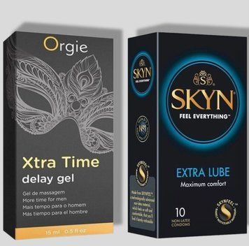 SKYN Extra Lube 10 шт + Пролонгатор X-TRA TIME, 15 мл ORGIE  SOS5103 фото