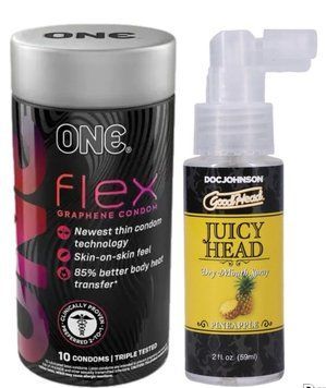 Комплект Набір 10 штук ONE Flex графен + Спрей Doc Johnson GoodHead &ndash; Juicy Head Dry Mouth Spray &ndash; Pineapple 59мл SOS6260 фото