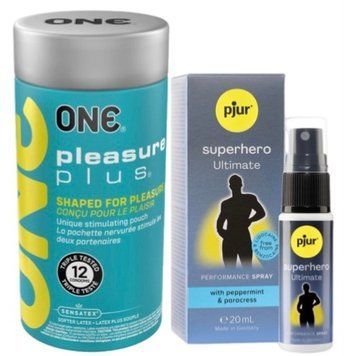 Набор из ONE Pleasure Plus 12 шт + Пролонгатор pjur Superhero Ultimate Spray 20 мл SOS9526 фото