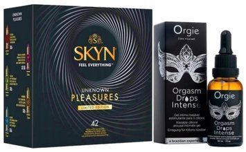 Набір з SKYN Pleasures (42 шт) + краплі з вібрацією Orgie Orgasm Drops Intense (30 мл)   SOS10036 фото