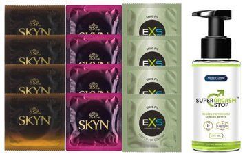 Комплект: Пролонгатор Super Orgasm Stop Гель (150 мл) + 8 шт. SKYN + 4 шт. EXS EXS Snug Fit SOS10810 фото