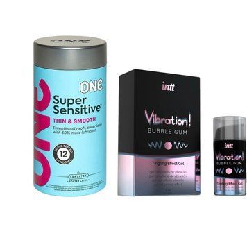 ONE Super Sensitive Pack 12 шт. + Жидкий вибратор Intt Vibration Bubble Gum (15 мл) SOS6539 фото