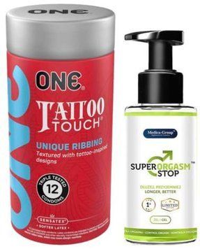 Набор из ONE Tattoo Touch Pack 12 шт + Пролонгатор Medica-group Super Orgasm Stop 150 мл SOS9427 фото
