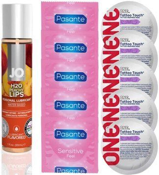 Набор 10 шт Pasante extra sensitive и ONE Tattoo Touch + System JO H2O &mdash; Peachy Lips (30 мл) SOS4895 фото