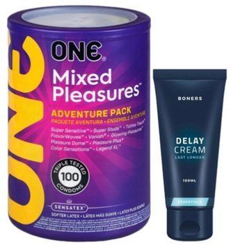 Набор из ONE Mixed Pleasures 100 шт + Пролонгатор Boners Delay Cream 100 мл SOS9477 фото