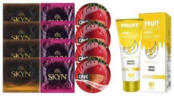 Комплект: Лубрикант OLO Banana (120 мл) + 8 шт. SKYN + 4 шт. ONE Chocolate Strawberry SOS10513 фото