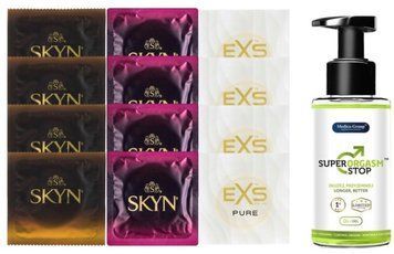 Комплект: Пролонгатор Super Orgasm Stop Гель (150 мл) + 8 шт. SKYN + 4 шт. EXS Pure SOS10811 фото