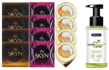 Комплект: Пролонгатор Super Orgasm Stop Гель (150 мл) + 8 шт. SKYN + 4 шт. OLO Gold 001 SOS10761 фото