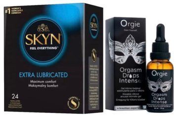 Набір з SKYN Extra Lube (24 шт) + Збуджувальні краплі Orgie Orgasm Drops Intense (30 мл) SOS10083 фото