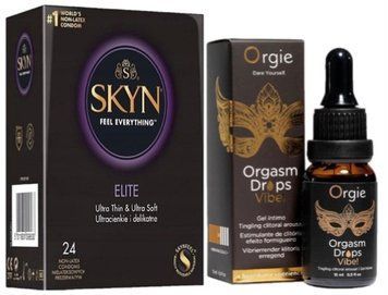 Набір з SKYN Elite (24 шт) + краплі з вібрацією  Intense ORGASM DROPS VIBE! (15 мл) від ORGIE SOS10133 фото
