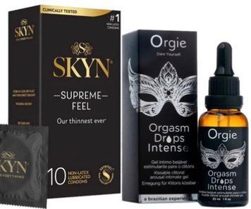 Набір з Skyn Supreme Feel 10 шт + Збуджувальні краплі Orgie Orgasm Drops Intense (30 мл)  SOS10283 фото