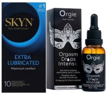 Набор из SKYN Extra Lube (10 шт) + Возбудительные капли Orgie Orgasm Drops Intense (30 мл) SOS10183 фото