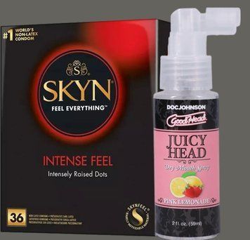 Комплект Skyn Intense feel 36 штук + Спрей  Doc Johnson GoodHead &ndash; Juicy Head Dry Mouth Spray &ndash; Pink Lemonade 59мл SOS5392 фото
