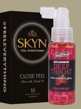 Набір SKYN Close Feel пачка 10 штук + Спрей для мінету Doc Johnson GoodHead DeepThroat Spray Sweet Strawberry 59 мл SOS5004 фото