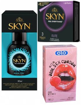 Набір : Skyn Elite 3 шт, OLO Oral Candy 10 шт та Лубрикант SKYN AQUA FEEL 80МЛ SOS94 фото