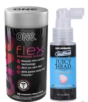 Комплект Набір 10 штук ONE Flex графен + Спрей  Doc Johnson GoodHead &ndash; Juicy Head Dry Mouth Spray &ndash; Cotton Candy 59мл SOS6262 фото