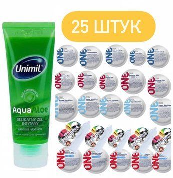 Набор One 25 шт: Ribs , Classic , UltraFeel , Tattoo, Sensitive и Лубрикант Unimil Aqua Aloe 80 мл SOS517 фото
